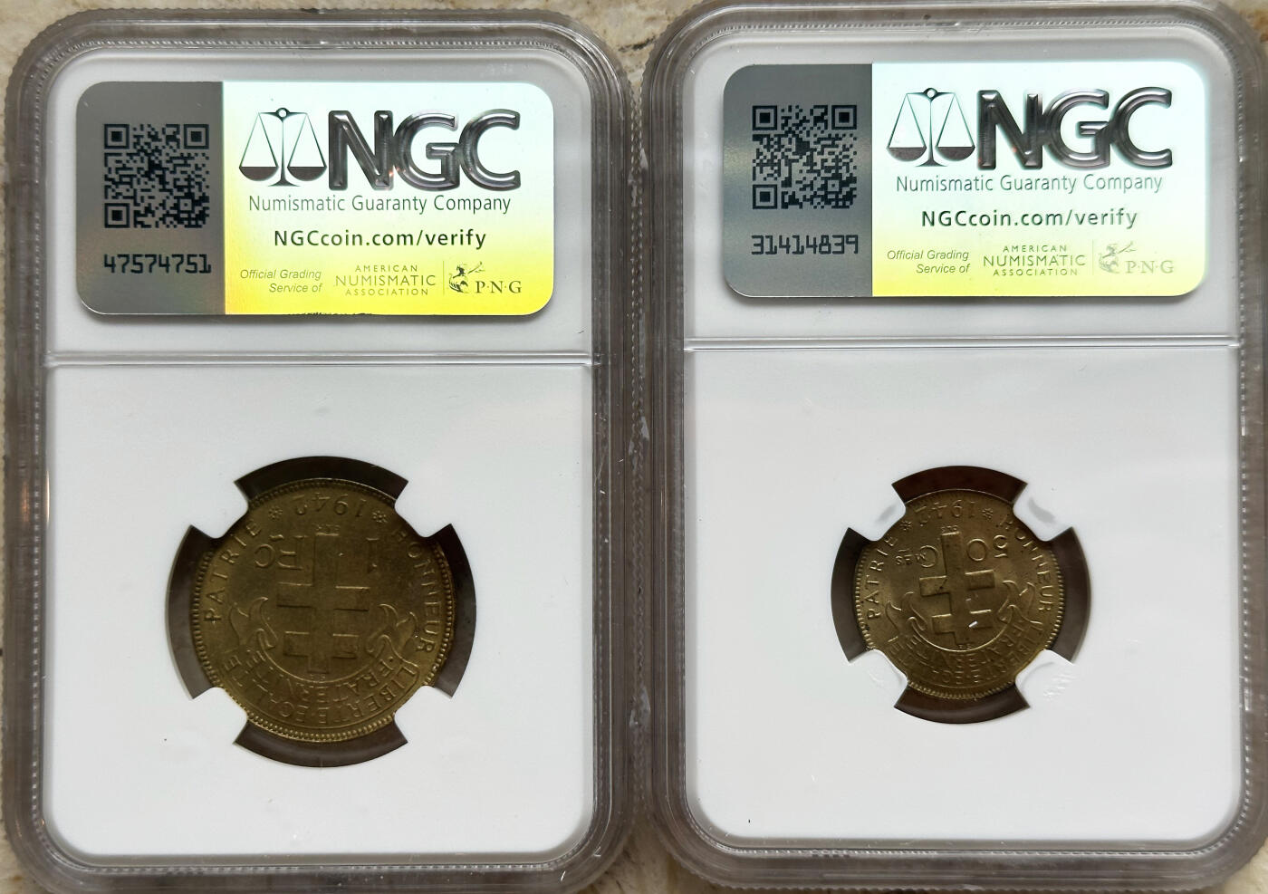 NGC-MS63/64/65 1943法属赤道非洲国家公鸡黄铜红铜版全套4枚