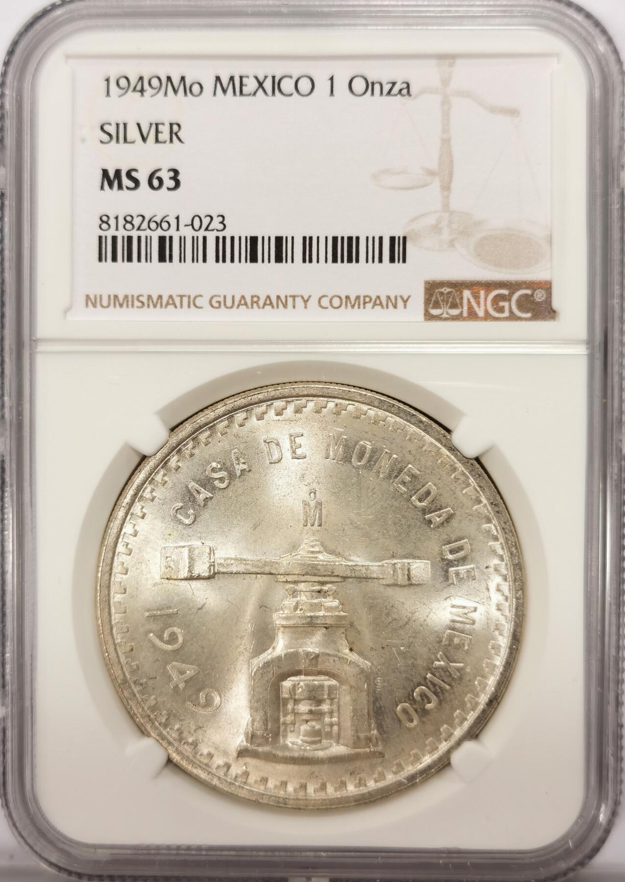 博洋堂世界钱币拍卖第109期（全场包邮） NGC MS63 墨西哥1949年天平1盎司银币