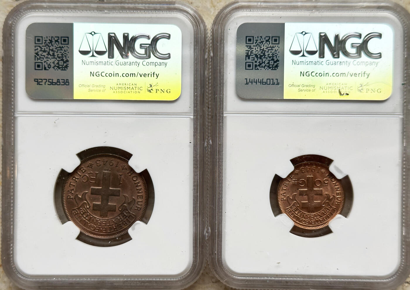 NGC-MS63/64/65 1943法属赤道非洲国家公鸡黄铜红铜版全套4枚