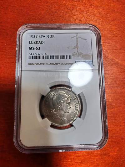 长老汇马年精选第六场拍卖 - 1937 西班牙内战EUZKADI地方政府2比塞塔铜镍币，NGC MS63，更高17枚