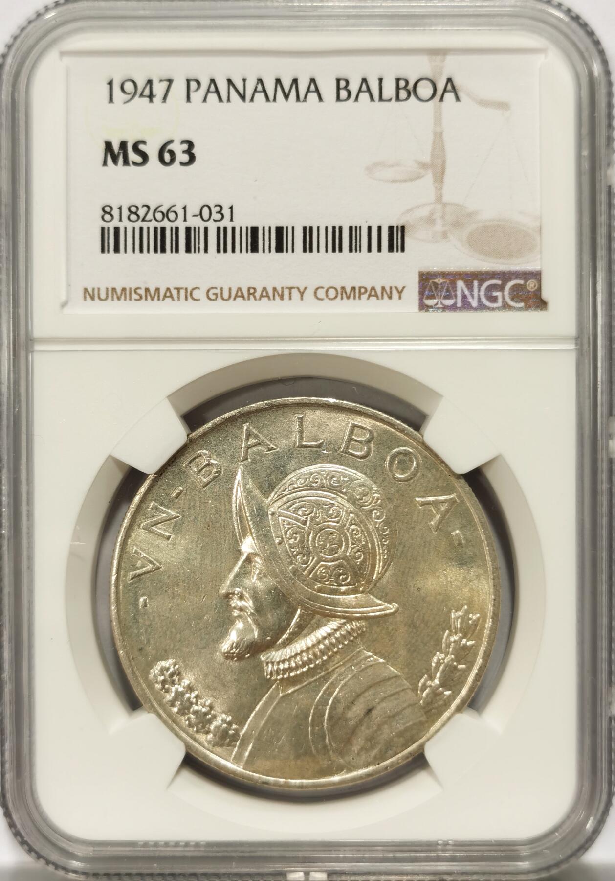 博洋堂世界钱币拍卖第109期（全场包邮） NGC MS63 巴拿马1947年1巴波亚银币