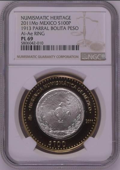 S&S Numismatic世界钱币-拍卖 第126期  墨西哥2011年 墨西哥钱币遗产系列I-墨西哥革命时期硬币 100比索双色中圈镶嵌925银纪念币 NGC PL69