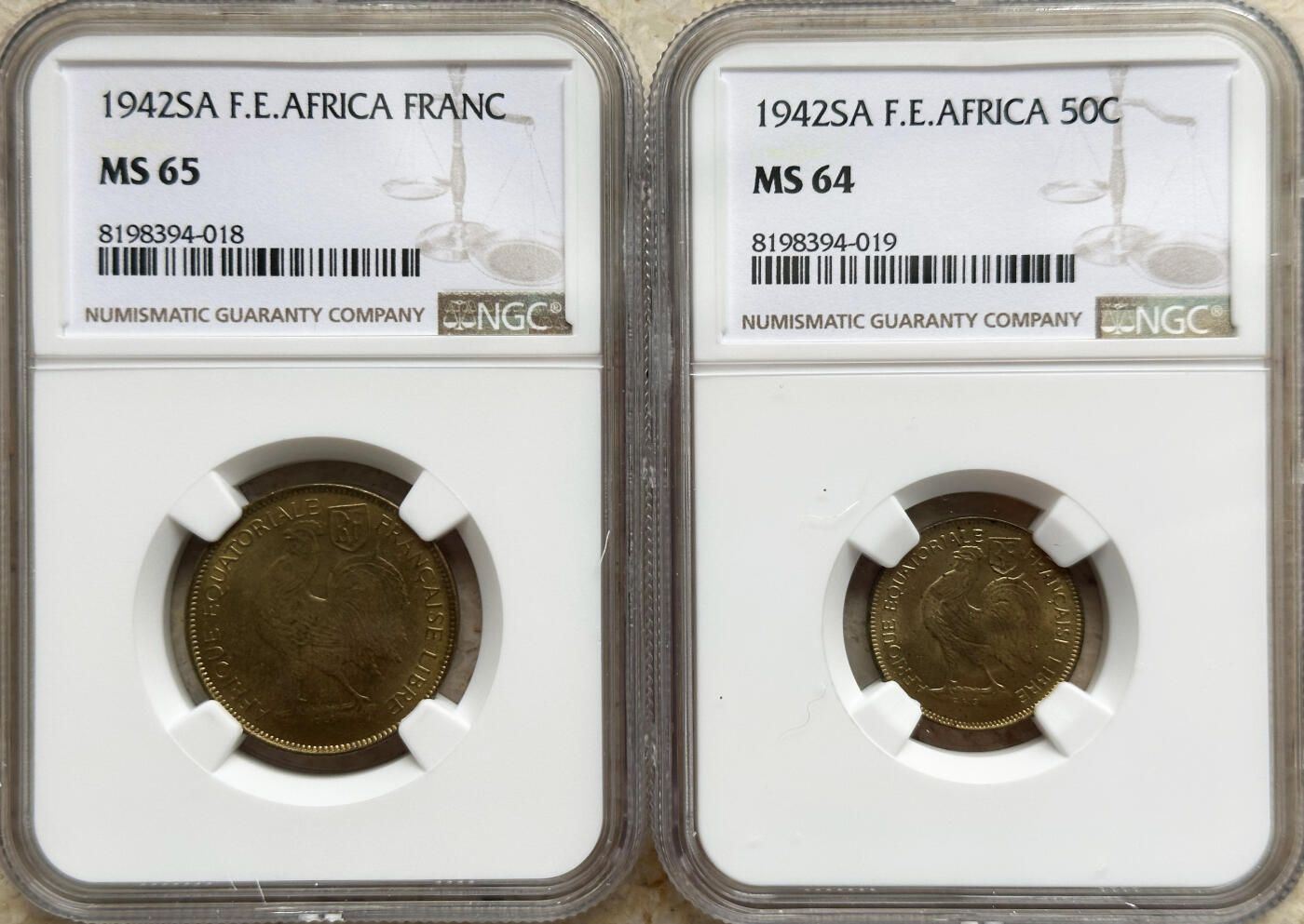 NGC-MS63/64/65 1943法属赤道非洲国家公鸡黄铜红铜版全套4枚