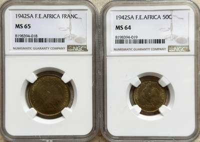 NGC-MS63/64/65 1943法属赤道非洲国家公鸡黄铜红铜版全套4枚 NGC-MS63/64/65 1943法属赤道非洲国家公鸡黄铜红铜版全套4枚