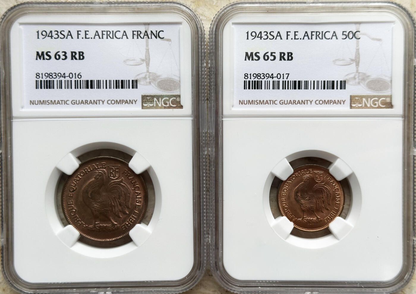 NGC-MS63/64/65 1943法属赤道非洲国家公鸡黄铜红铜版全套4枚