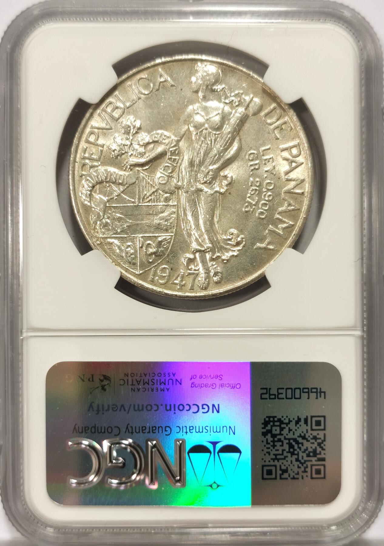 博洋堂世界钱币拍卖第109期（全场包邮） NGC MS63 巴拿马1947年1巴波亚银币