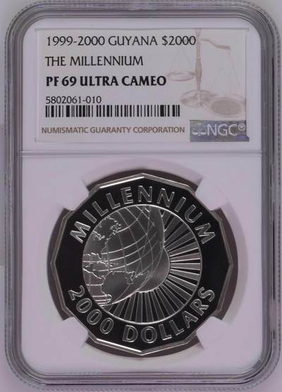S&S Numismatic世界钱币-拍卖 第114期  - 圭亚那1999年 千禧年 2000元多边形精制纪念银币 NGC PF69UC