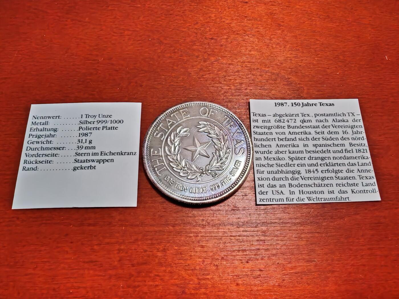 长老汇龙年精选第四十九场拍卖 1986美国德州孤星共和国精制银章，1盎司999银，少见！