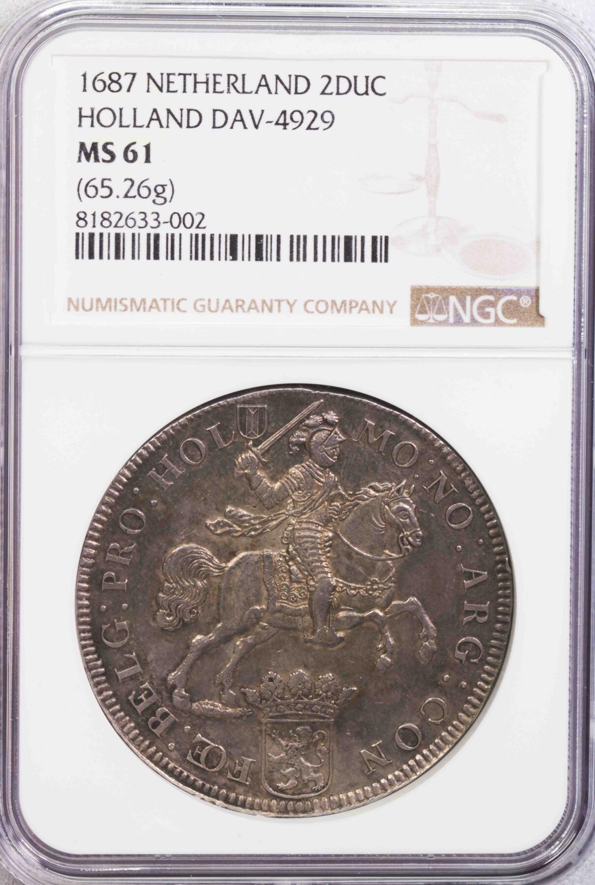 NGC-MS61 1687荷兰2杜卡特大马剑银币