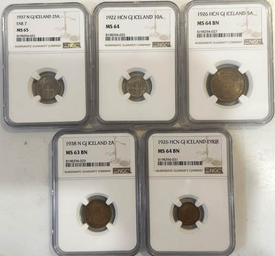 NGC-MS64/63/65 1922-38丹属冰岛5枚套稀缺 - NGC-MS64/63/65 1922-38丹属冰岛5枚套稀缺