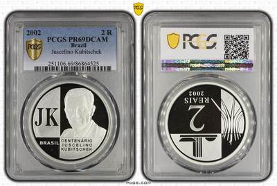 S&S Numismatic世界钱币-拍卖 第114期  - 巴西2002年 儒塞利诺·库比契克·德·奥利维拉诞辰100周年 2雷亚尔精制纪念银币 PCGS PR69DCAM