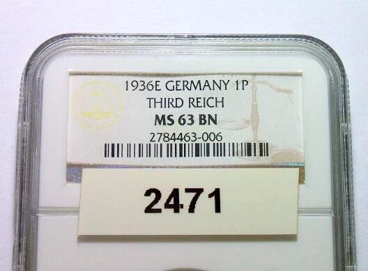 稀年 NGC MS63 德国第三帝国1936年E版1芬尼 难得原光