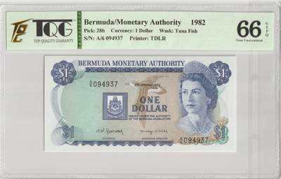 PThappally收藏第44次拍卖，英联邦地区硬币纸币 - 百慕大 Bermuda 1982, 1 Dollar Pick: 28b Signatur: Frederick and Merlyn, S/N A/6 094937 TQG 66 GEPQ Gem UNC