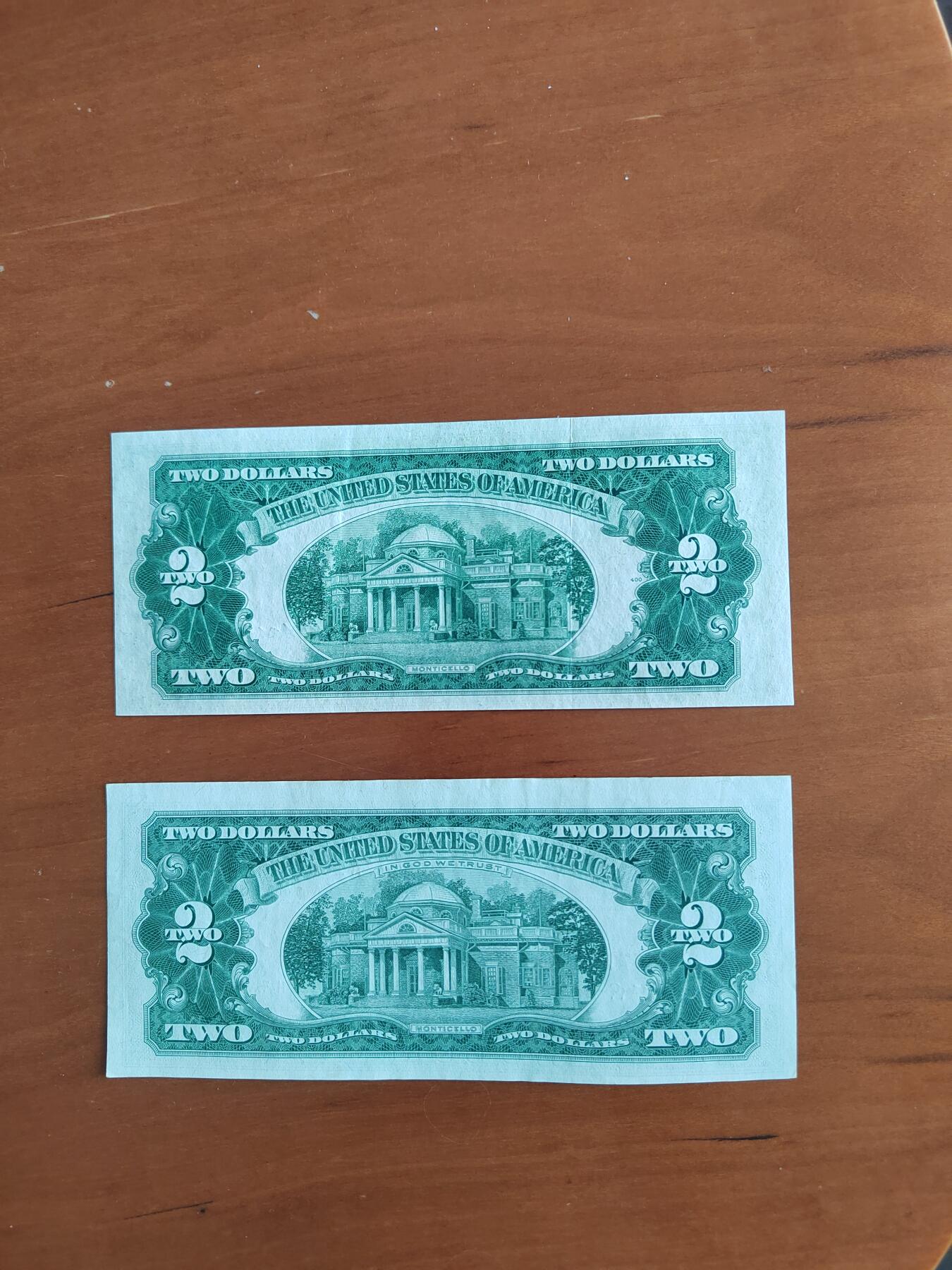 1963年2美元，政府券红库印，有轻微折痕，单张价