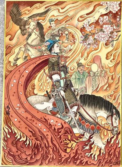 白泽拍卖卡牌手绘专场第12期（过年七天乐专场） - 2024 冯涛手绘画 三色三娘之落樱三娘 尺寸：26cm*37cm