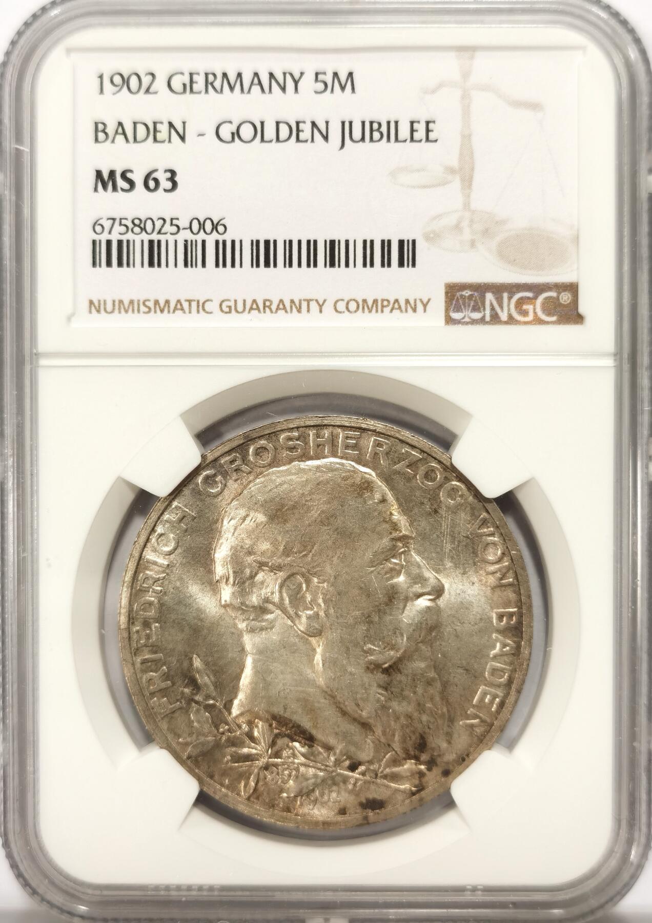 博洋堂世界钱币拍卖第109期（全场包邮） NGC MS63 德国巴登1902年弗雷德里希大公登基50周年纪念5马克银币