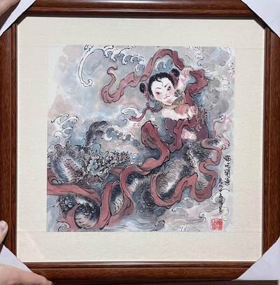 白泽拍卖卡牌手绘专场第12期（过年七天乐专场） - 2024 礼昱手绘画 哪吒闹海 尺寸：33cm*34cm 已装裱