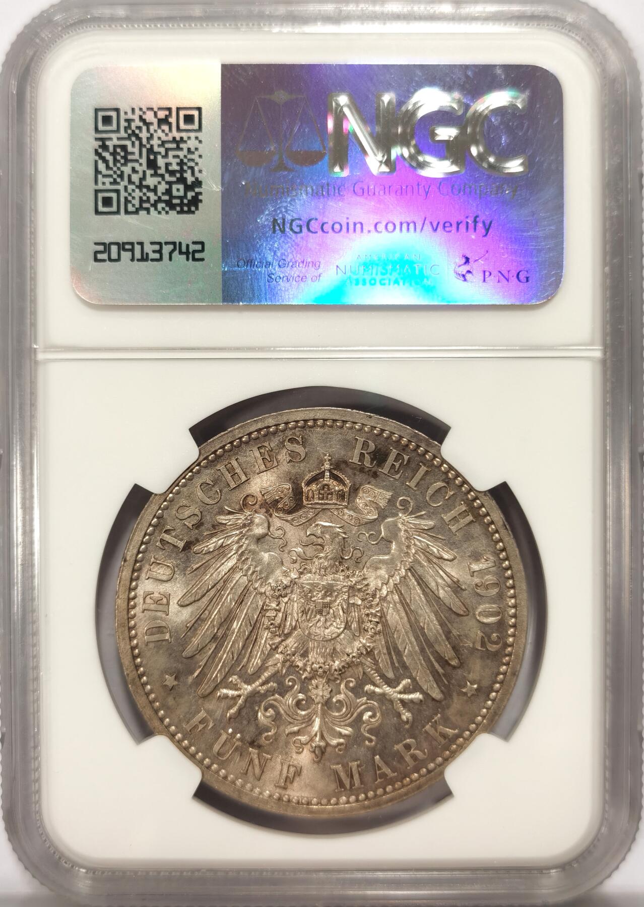 博洋堂世界钱币拍卖第109期（全场包邮） NGC MS63 德国巴登1902年弗雷德里希大公登基50周年纪念5马克银币