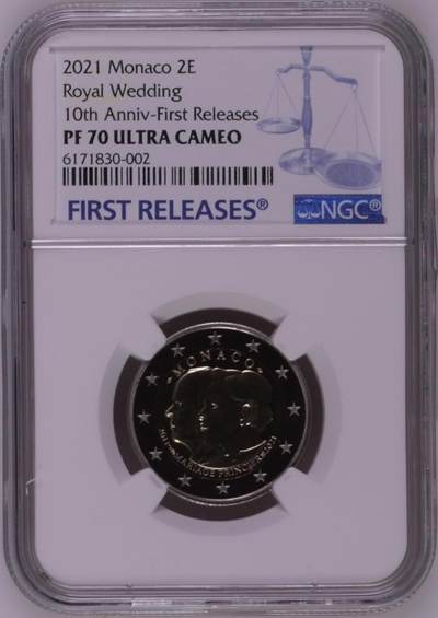S&S Numismatic世界钱币-拍卖 第101期  - 摩纳哥2021年 阿尔贝二世和夏琳公主结婚10周年 2欧元精制纪念币 NGC PF70UC首期蓝标，冠军分