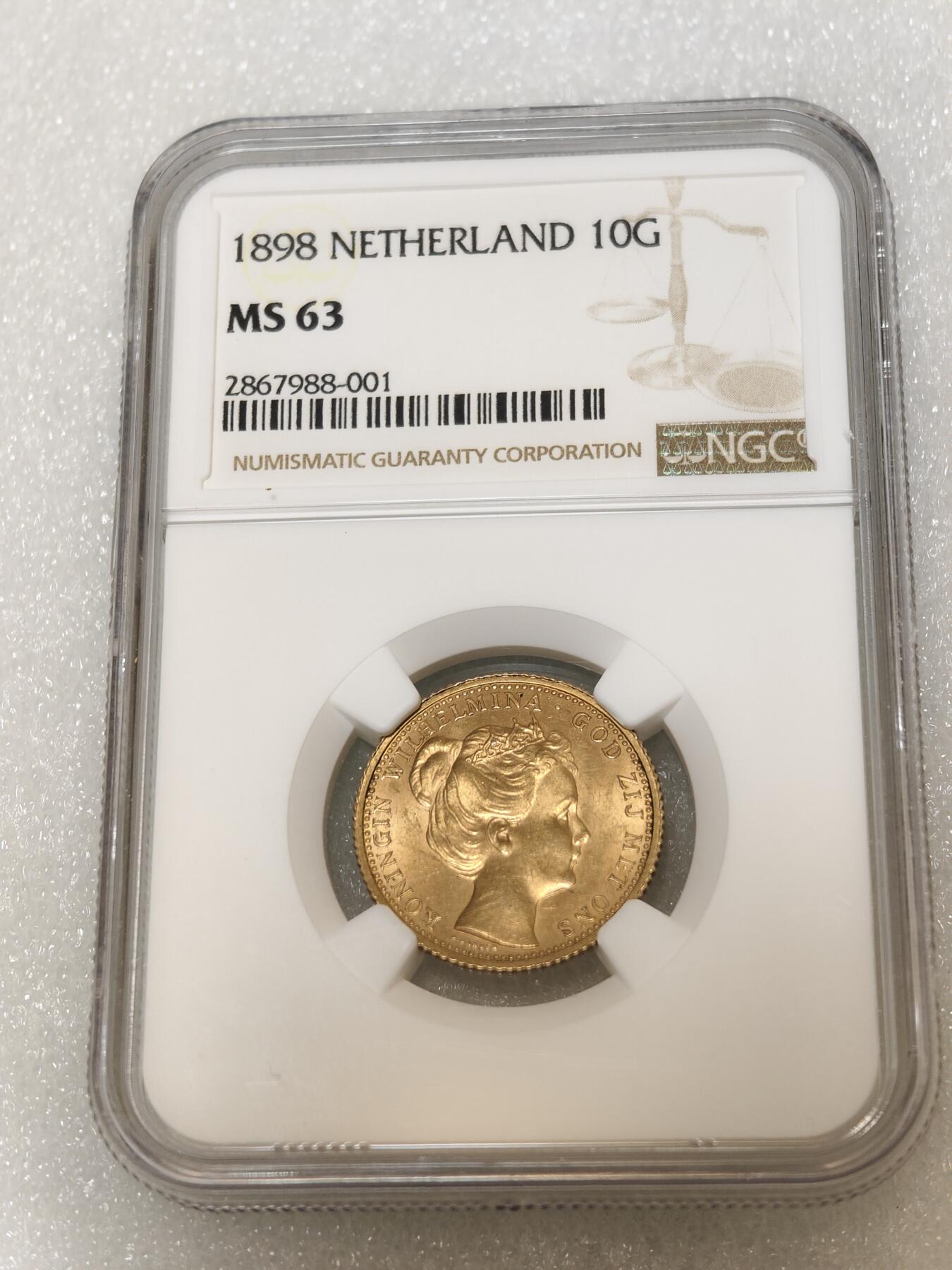 瓶子🏺第176期拍卖会［自动拍春节后发货］  荷兰1898年威廉敏娜10盾金币  皇冠版单年稀有  NGC  MS63