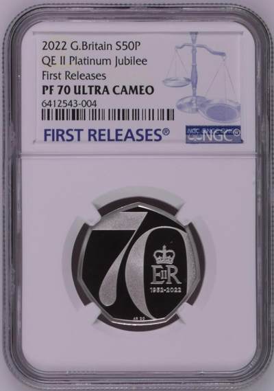 S&S Numismatic世界钱币-拍卖 第101期  - 英国2022年 伊丽莎白二世女王登基70周年 50便士精制纪念银币 盒证齐全 NGC PF70UC冠军分 ，首期蓝标