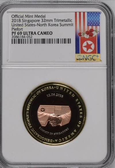 S&S Numismatic世界钱币-拍卖 第114期  - 新加坡造币厂2018年 美国和朝鲜新加坡会谈 三色镶嵌纪念章 精制加厚版 NGC PF69UC
