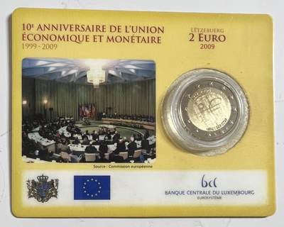 S&S Numismatic世界钱币-拍卖 第113期  - 卢森堡2009年 欧元区10周年 2欧元双色纪念币官方卡币 联合发行里面唯一有幻影设计