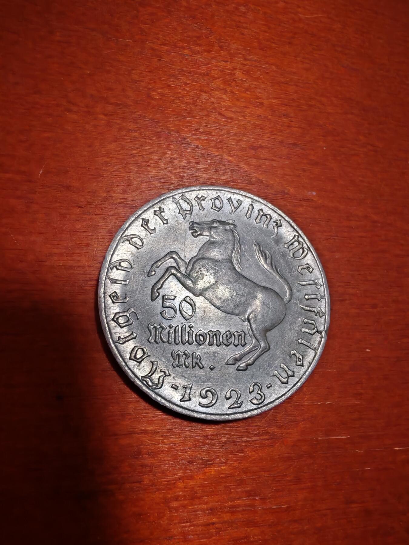 长老汇蛇年精选第一场拍卖 1923 德紧威斯特法兰斯坦伯爵马币5千万马克3行铝币