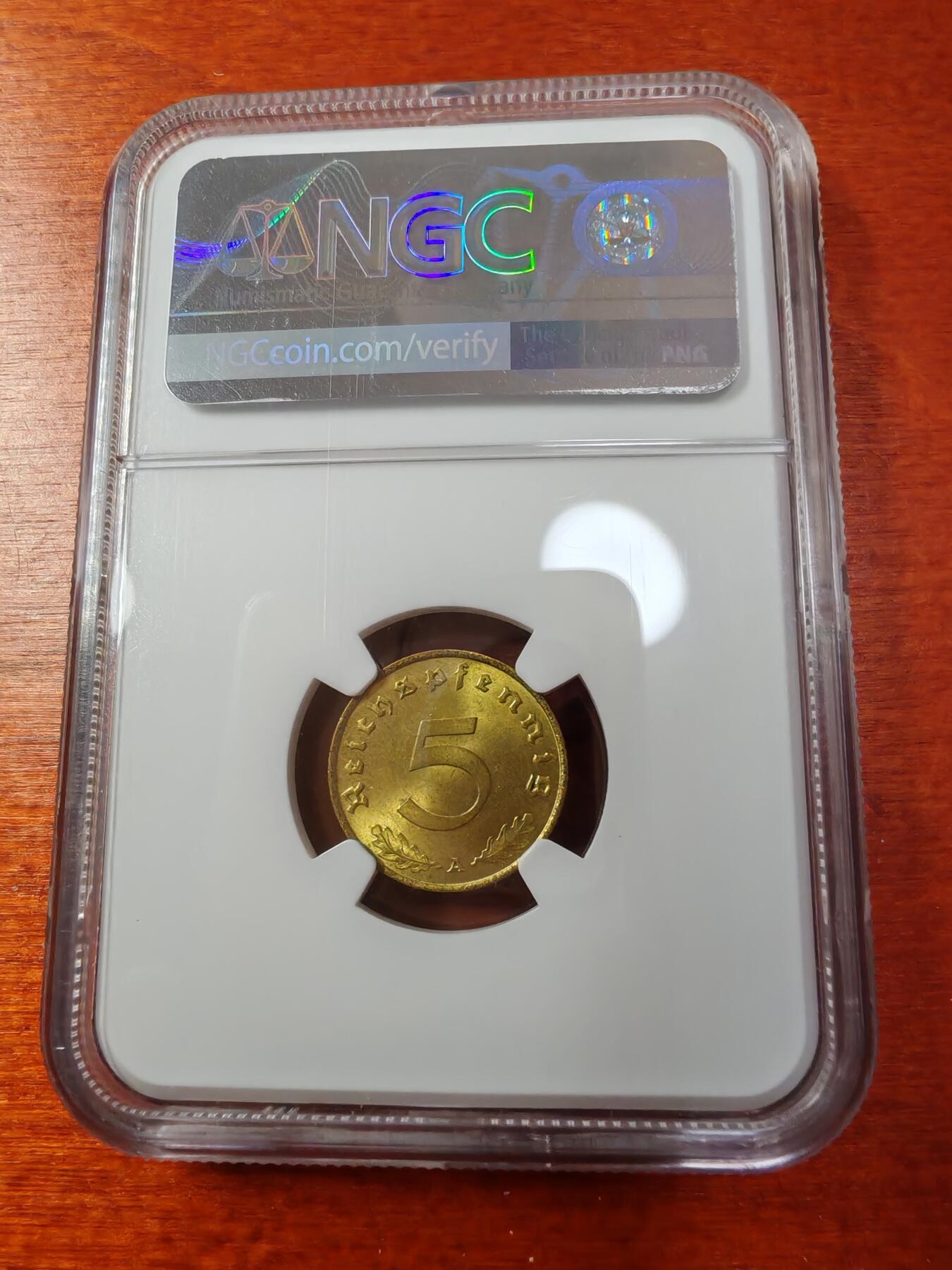 长老汇蛇年精选第一场拍卖 1938德国第三帝国5芬尼黄铜币，NGC MS65，亚军分，更高3枚