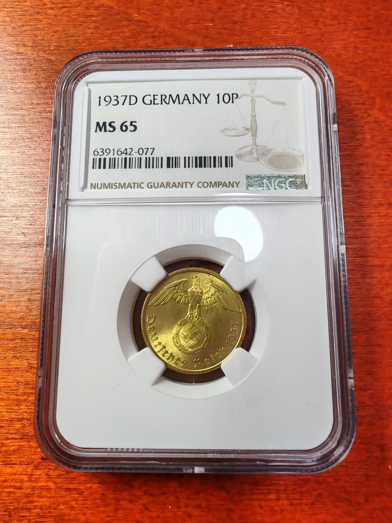 长老汇蛇年精选第一场拍卖 1937德国第三帝国10芬尼黄铜币，NGC MS65，冠军