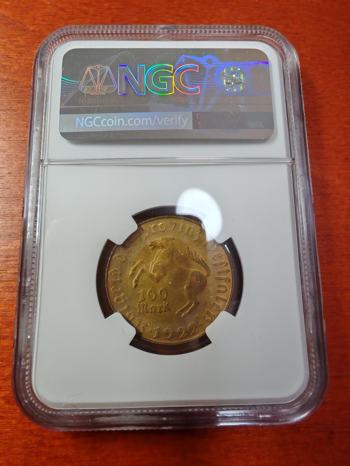 长老汇蛇年精选第一场拍卖 1922 德紧威斯特法兰斯坦伯爵马币铜币 100马克，NGC MS63RB，亚军分，更高3枚