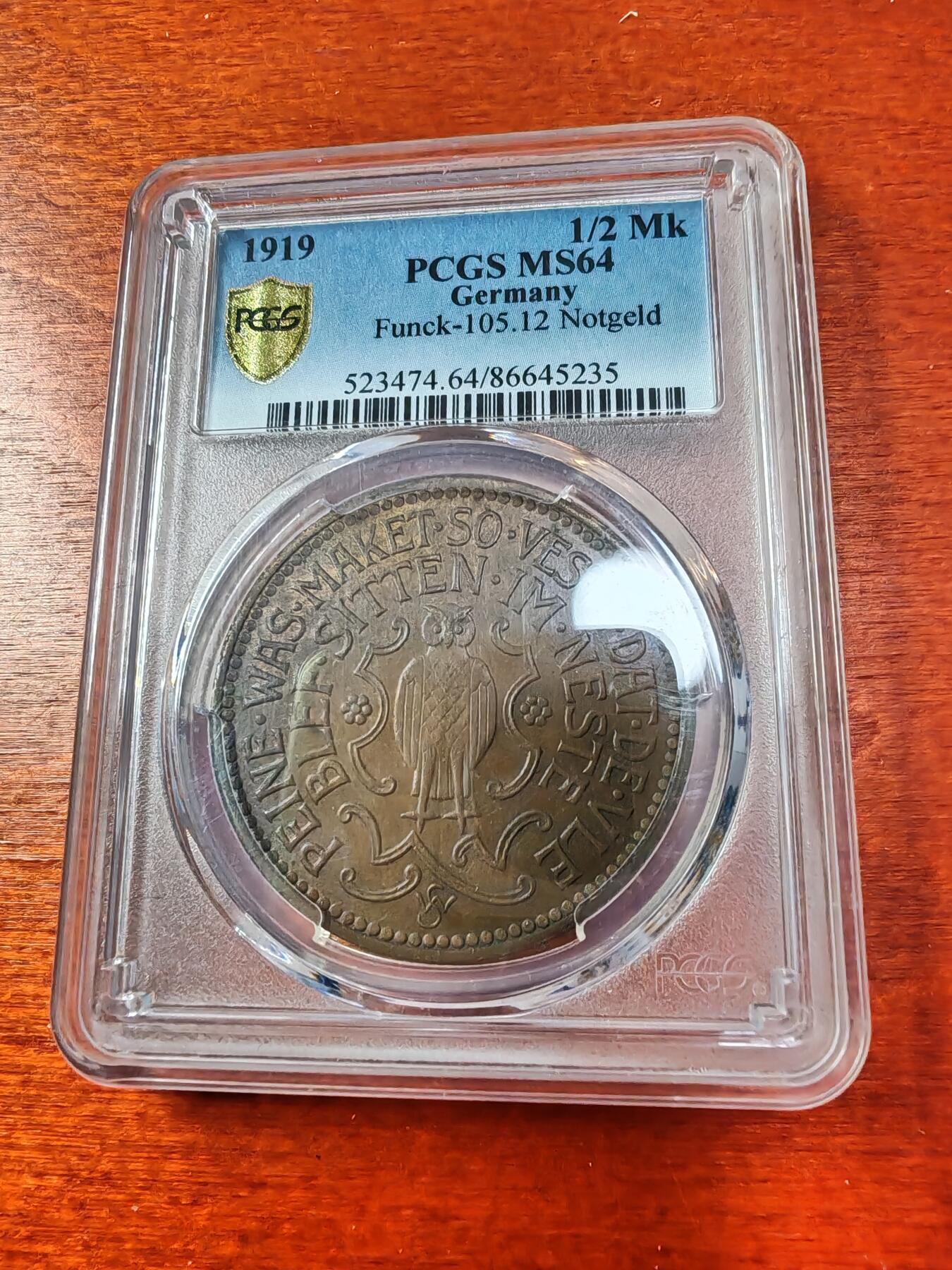 长老汇蛇年精选第一场拍卖 1919 德紧佩恩猫头鹰1/2马克大铜币，PCGS MS64BN，亚军分，更高1枚，错标时间和面值