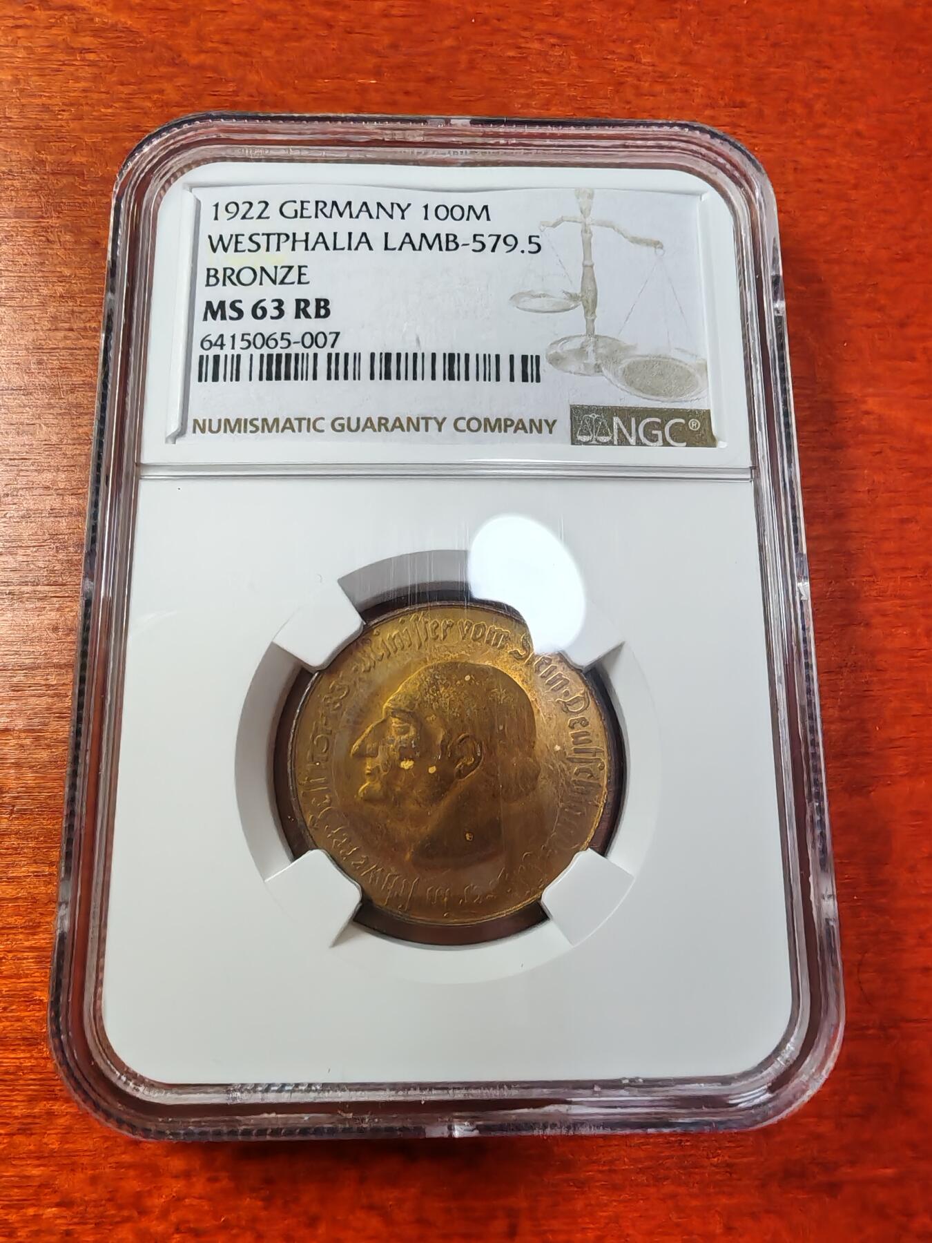 长老汇蛇年精选第一场拍卖 1922 德紧威斯特法兰斯坦伯爵马币铜币 100马克，NGC MS63RB，亚军分，更高3枚