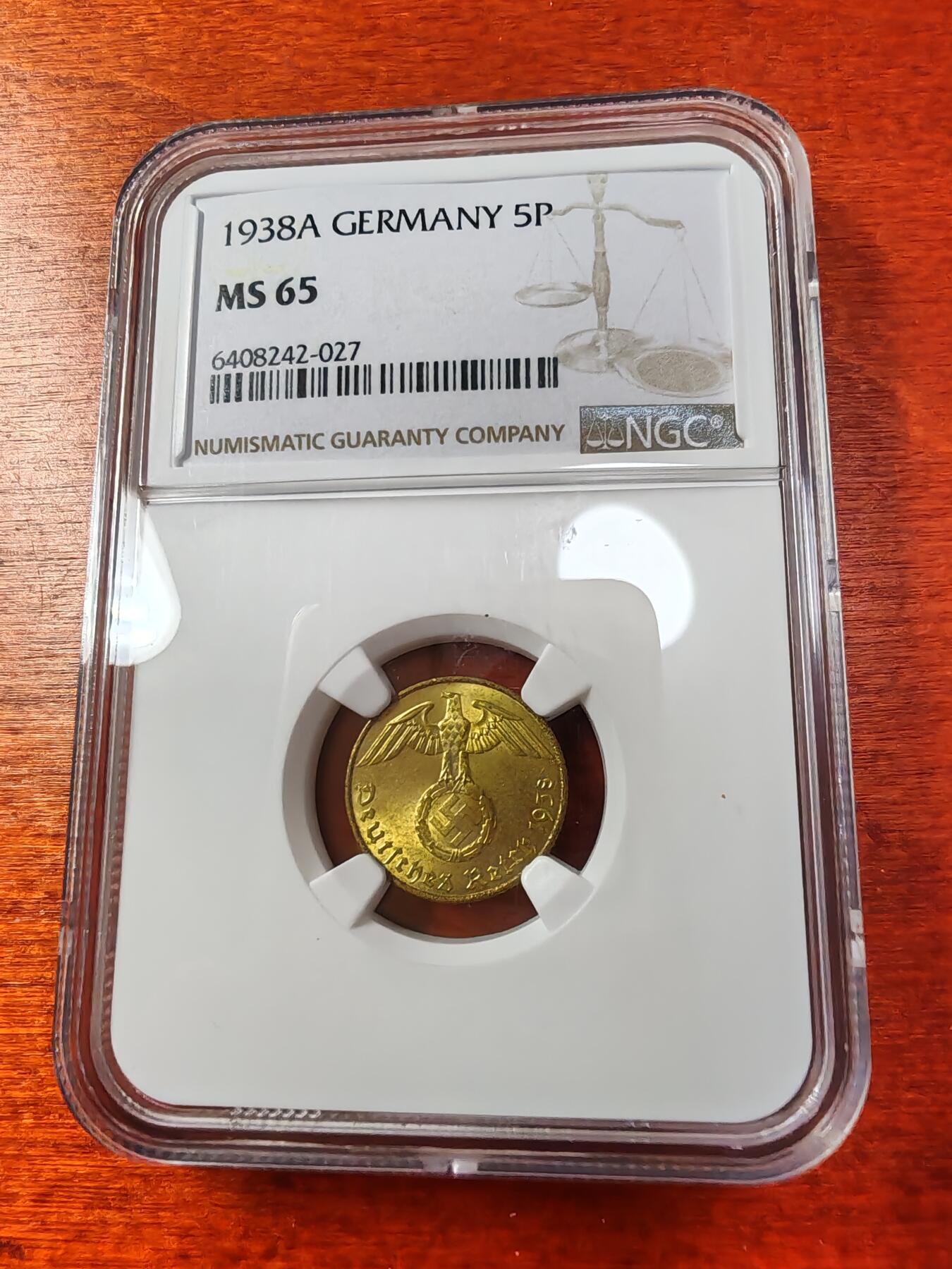长老汇蛇年精选第一场拍卖 1938德国第三帝国5芬尼黄铜币，NGC MS65，亚军分，更高3枚