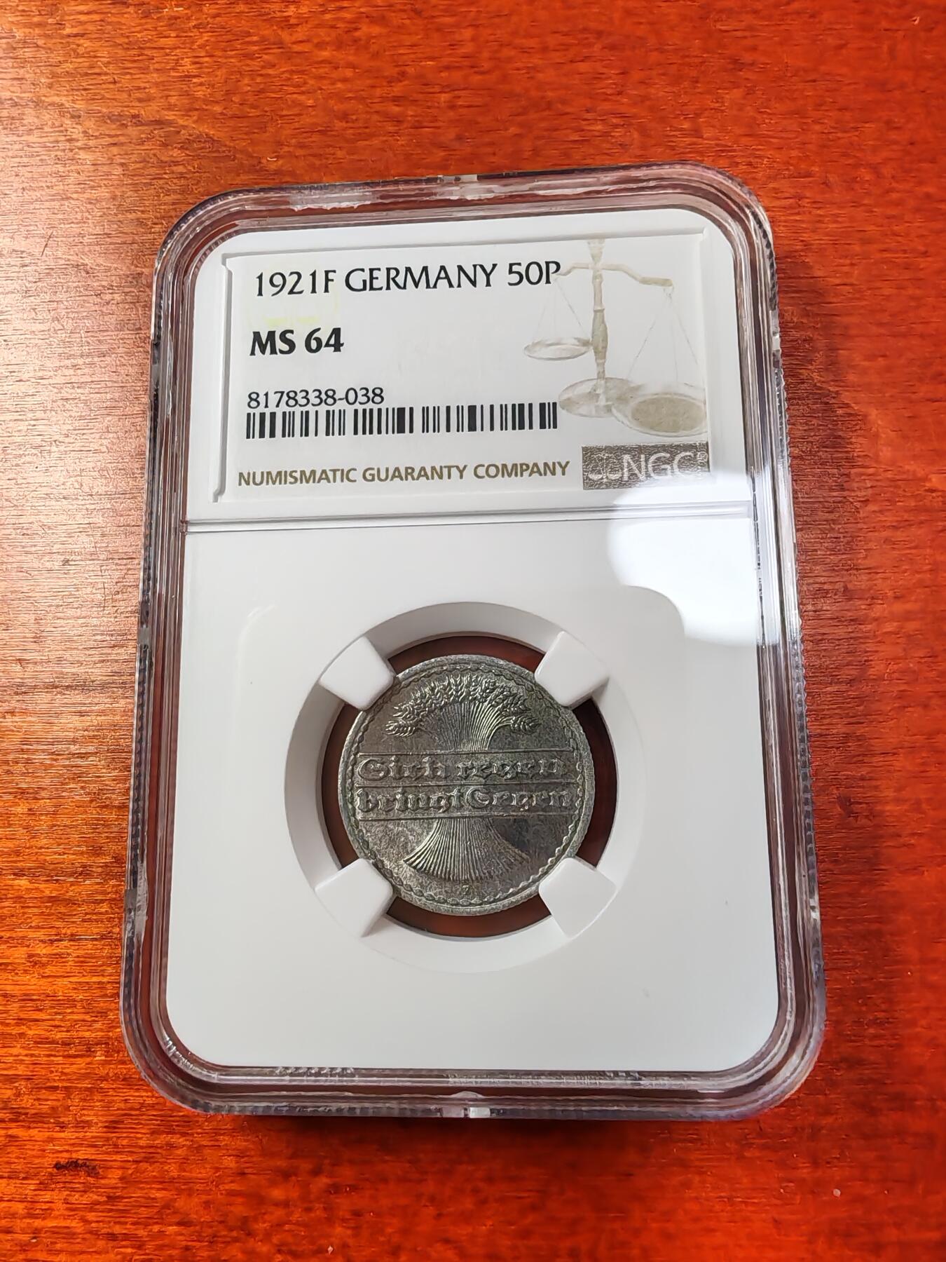 长老汇蛇年精选第一场拍卖 1921F 德国魏玛共和国 50芬尼铝币，NGC MS64，亚军分，更高1枚