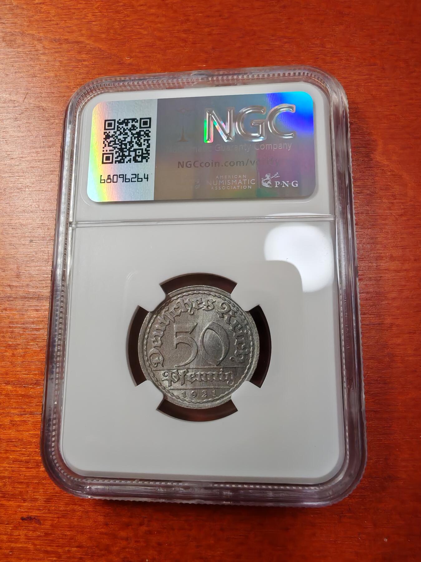 长老汇蛇年精选第一场拍卖 1921F 德国魏玛共和国 50芬尼铝币，NGC MS64，亚军分，更高1枚