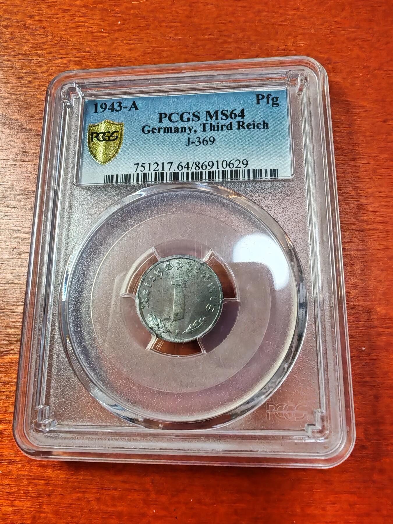 长老汇蛇年精选第一场拍卖 1943德国第三帝国1芬尼锌币，PCGS MS64，更高1枚