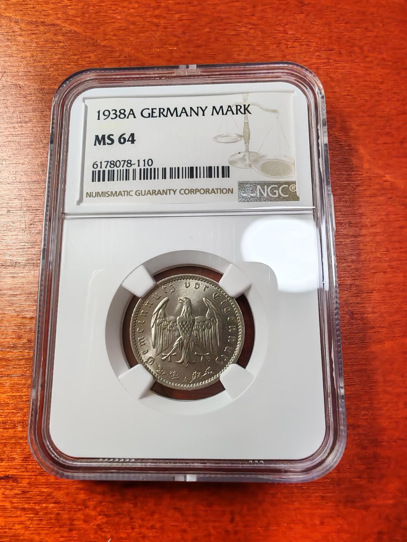 长老汇蛇年精选第一场拍卖 1938A 德国第三帝国1马克镍币，NGC MS64分，季军分，更高2枚