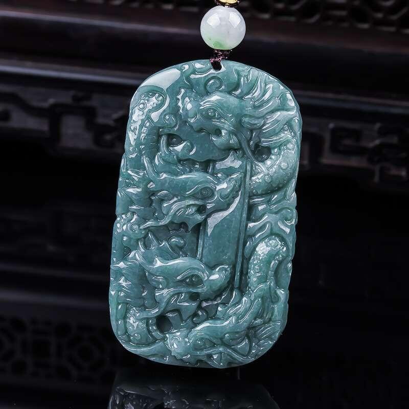 精品和田玉专场 天然翡翠A货满绿精雕九龙挂件