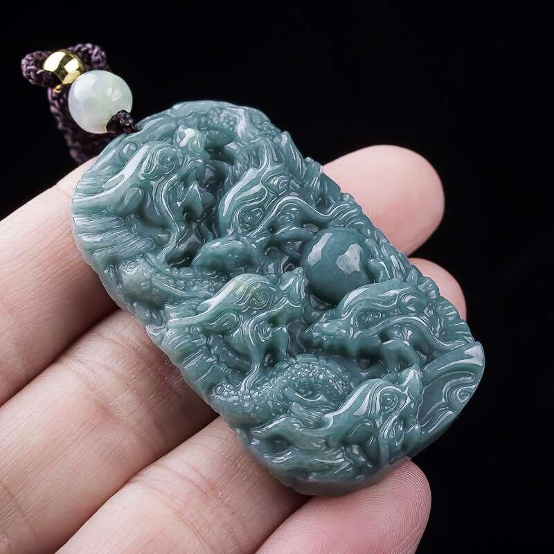 精品和田玉专场 天然翡翠A货满绿精雕九龙挂件