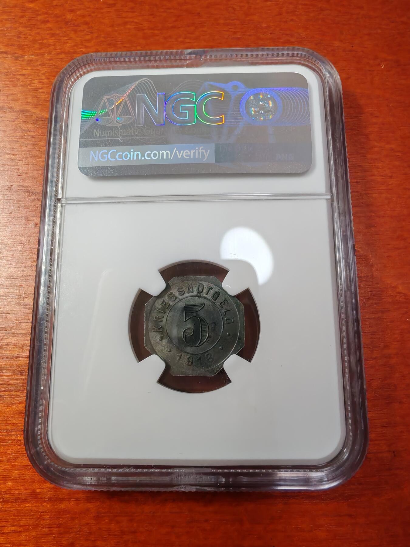 长老汇蛇年精选第一场拍卖 1918德紧克赖尔斯海姆景观5芬尼铁币，NGC MS62，冠军分