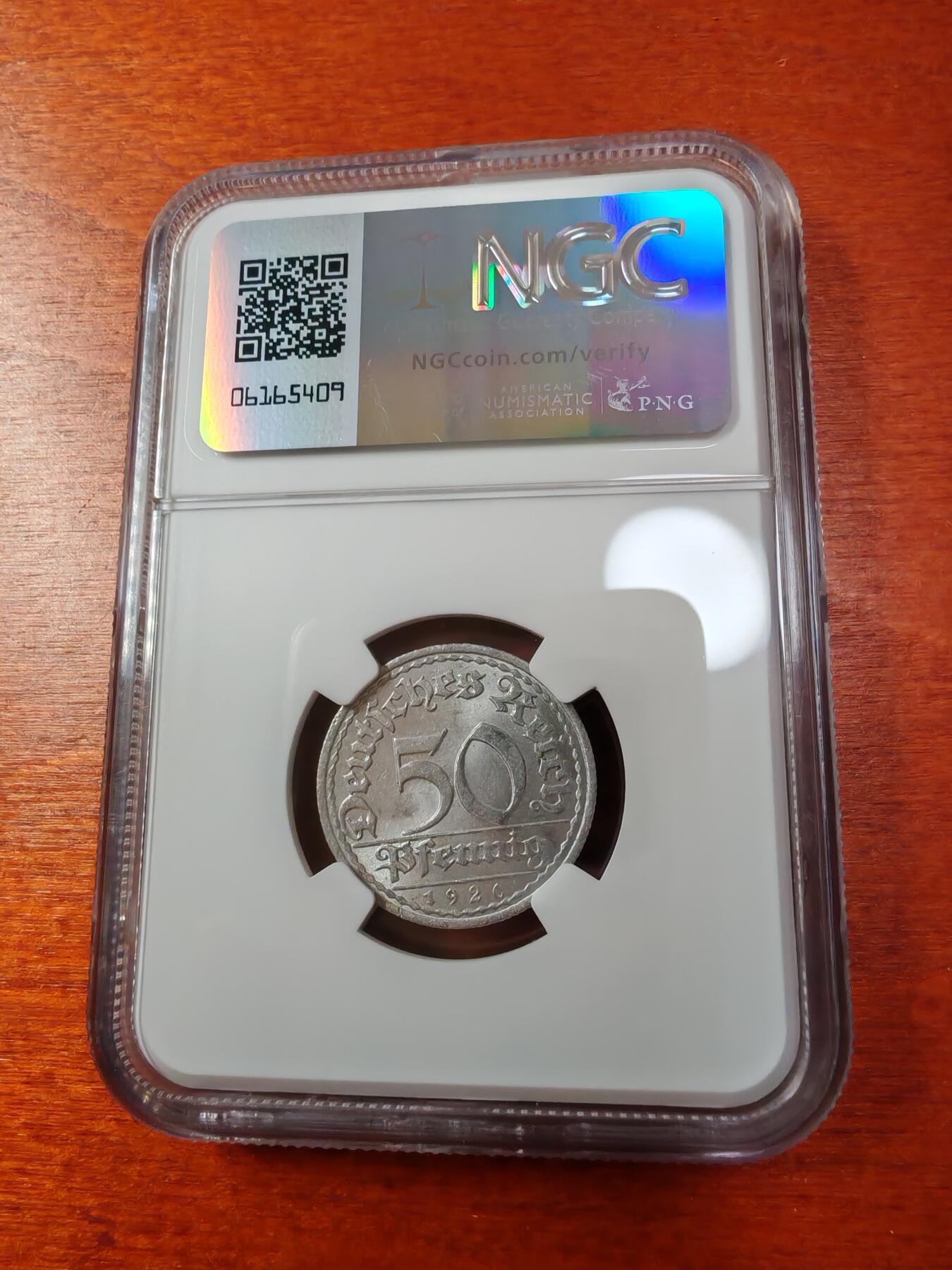 长老汇蛇年精选第一场拍卖 1920A 德国魏玛共和国 50芬尼铝币，NGC MS64，季军分，更高3枚