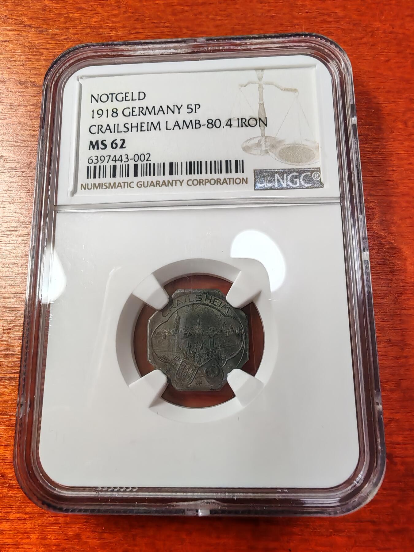 长老汇蛇年精选第一场拍卖 1918德紧克赖尔斯海姆景观5芬尼铁币，NGC MS62，冠军分