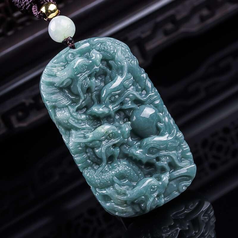 精品和田玉专场 天然翡翠A货满绿精雕九龙挂件