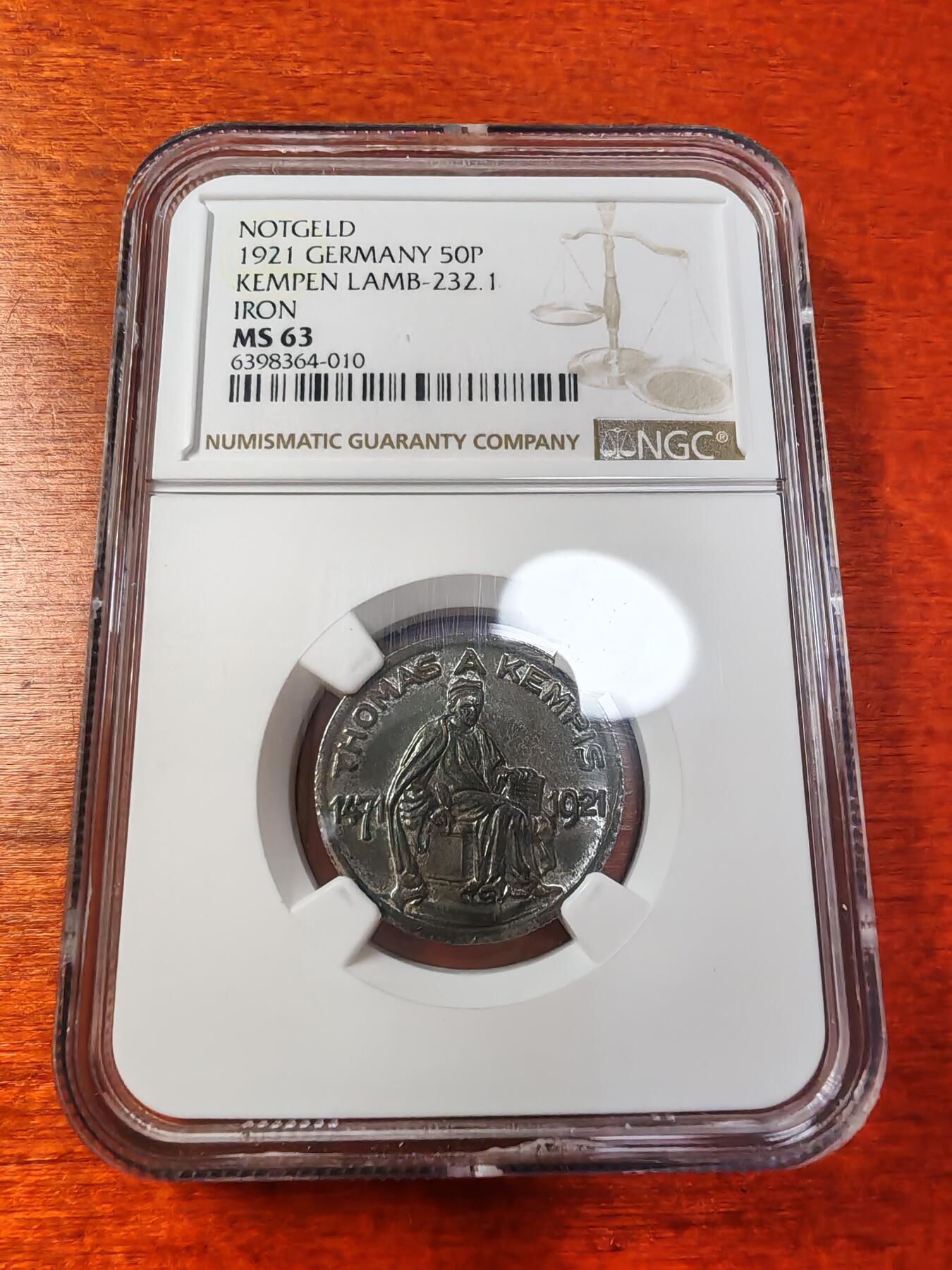 长老汇蛇年精选第一场拍卖  1921德紧 肯彭50芬尼铁币，NGC MS63，季军分，更高2枚
