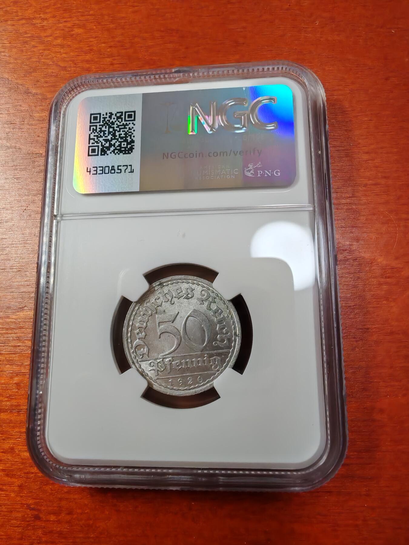 长老汇蛇年精选第一场拍卖 1920A 德国魏玛共和国 50芬尼铝币，NGC MS64，季军分，更高3枚（2）