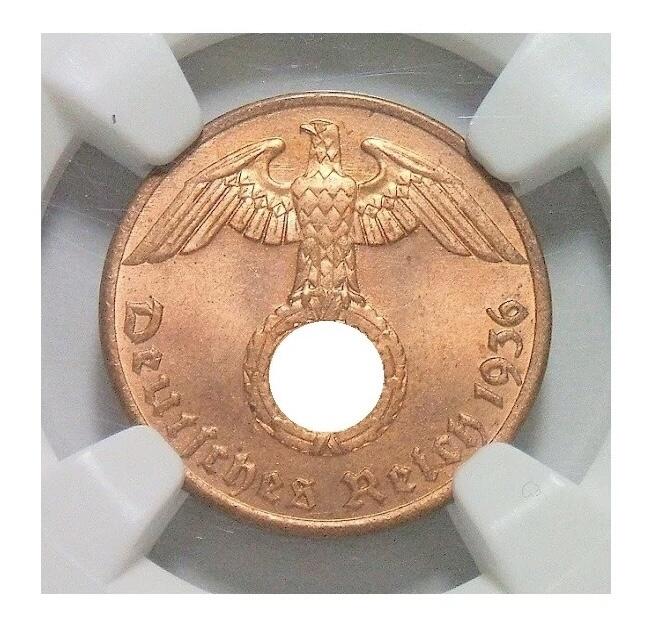 特年 NGC MS64RB 德国第三帝国1936年1芬尼 难得开卷原光