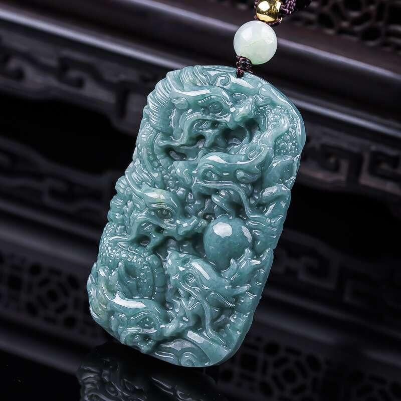 精品和田玉专场 天然翡翠A货满绿精雕九龙挂件