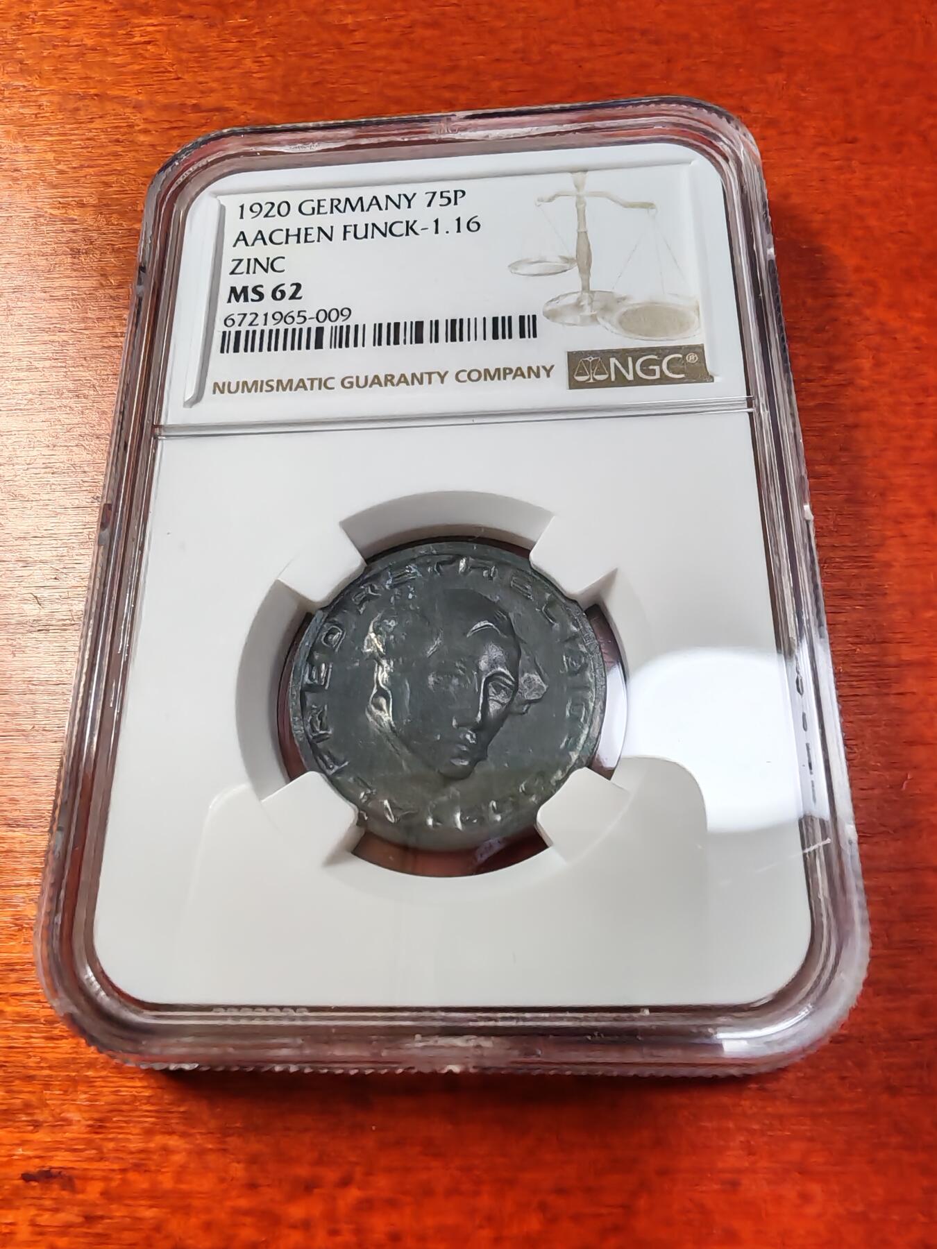 长老汇蛇年精选第一场拍卖 1920 德紧亚琛75芬尼锌币，NGC MS62，唯一记录