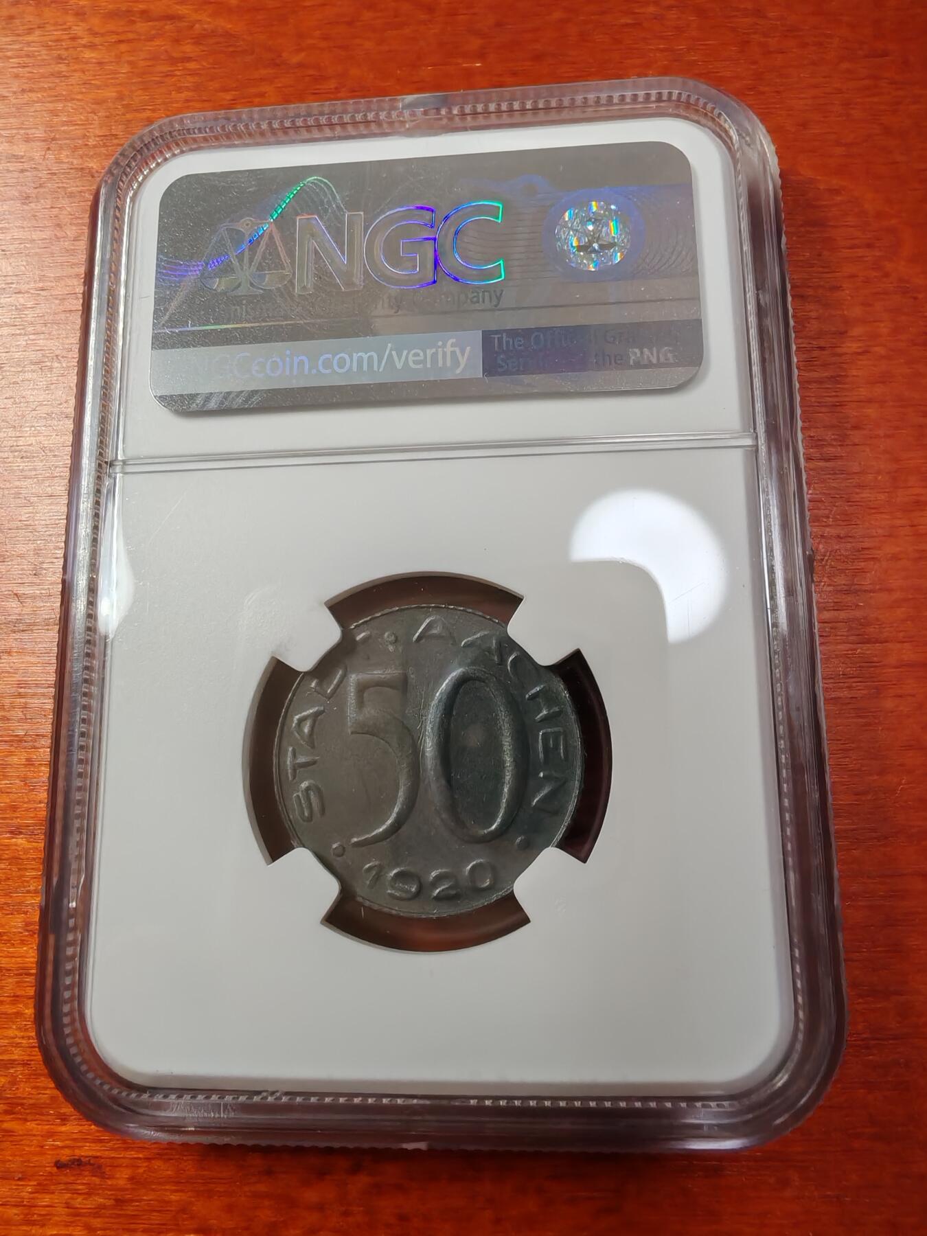 长老汇蛇年精选第一场拍卖 1920 德紧亚琛50芬尼锌币，NGC MS61